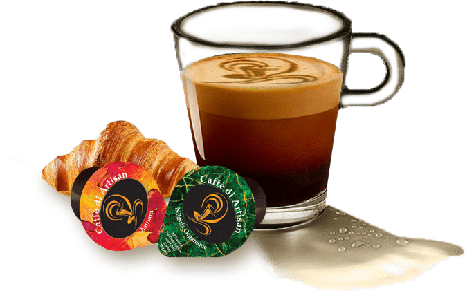 Coffe cup with pods and croissant - Caffè di Artisan